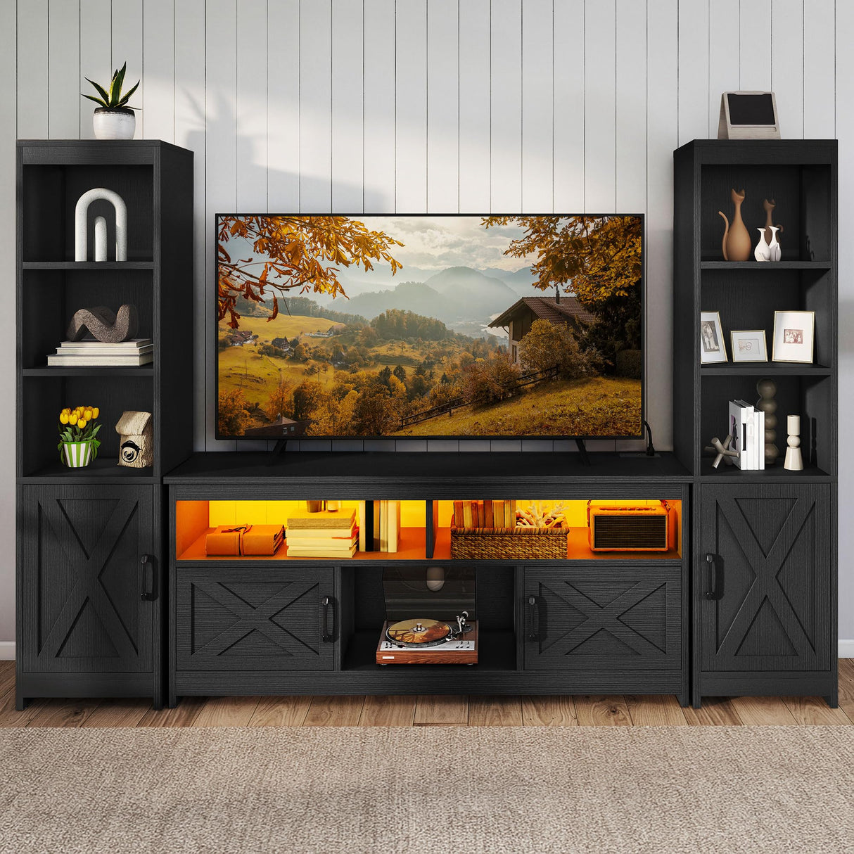 YITAHOME Farmhouse TV Stand for 65inch TV, Entertainment Center with Storage, Adjustable LED Lights & Power Hub, TV Cabinet with Bookshelves for Living Room/Apartment, Black YITAHOME