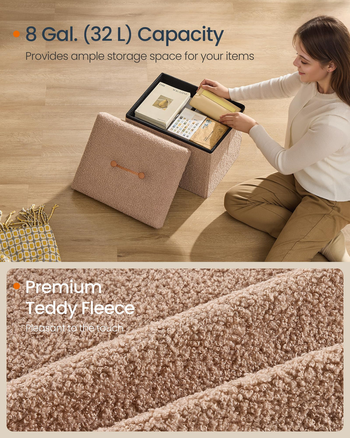 SONGMICS HOME Small Folding Storage Ottoman, Foot Rest Stool, 12.2 x 16.1 x 12.2 Inches, Ottoman with Storage, Load up to 286 lb, for Living Room, Bedroom, Dorm, Camel Brown ULSF094K01 SONGMICS HOME