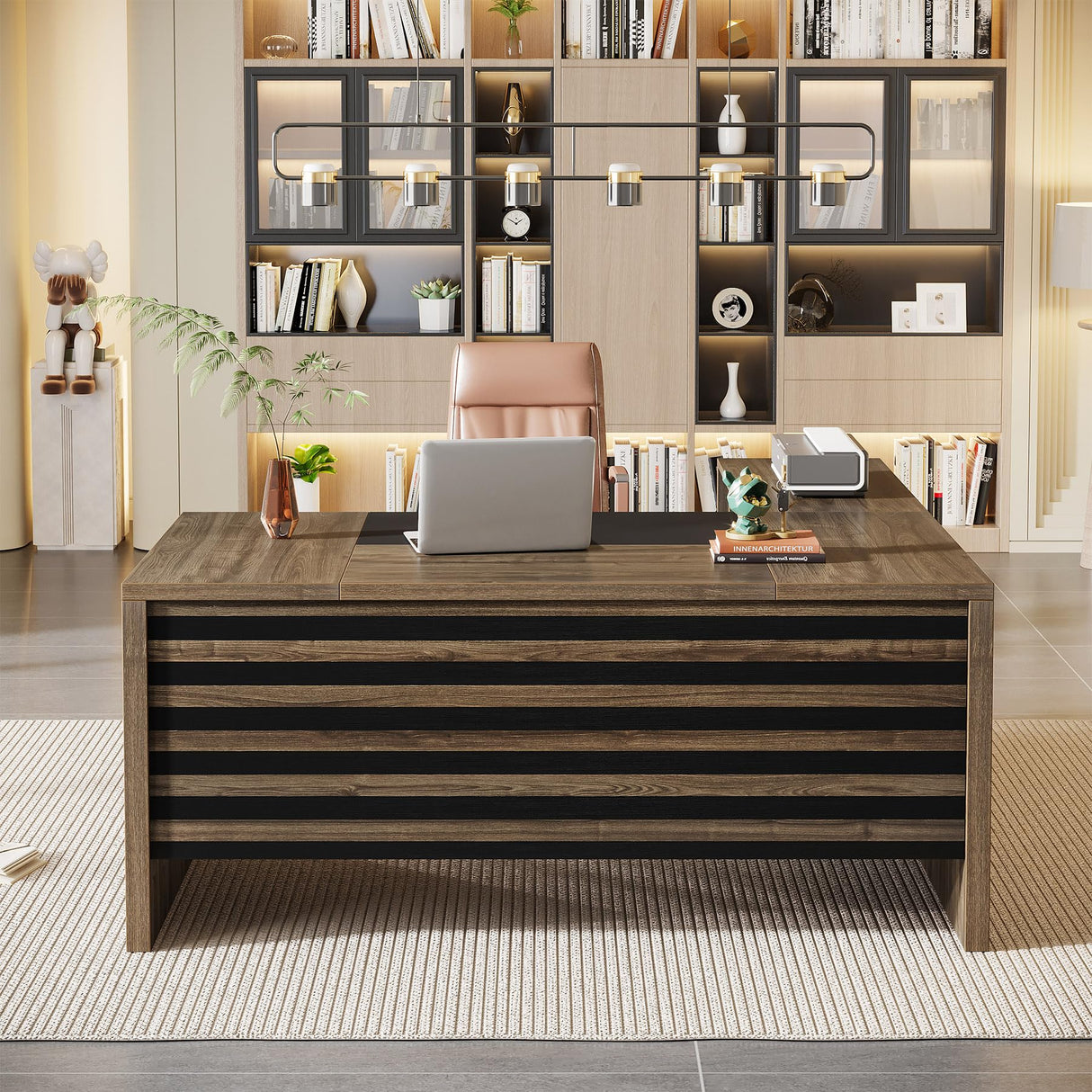 Tribesigns 62.2" Executive Desk with Mobile File Cabinet, L-Shaped Office Desk with Storage Shelves, Large Computer Desk Business Workstation Set for Home Office, Light Brown Tribesigns