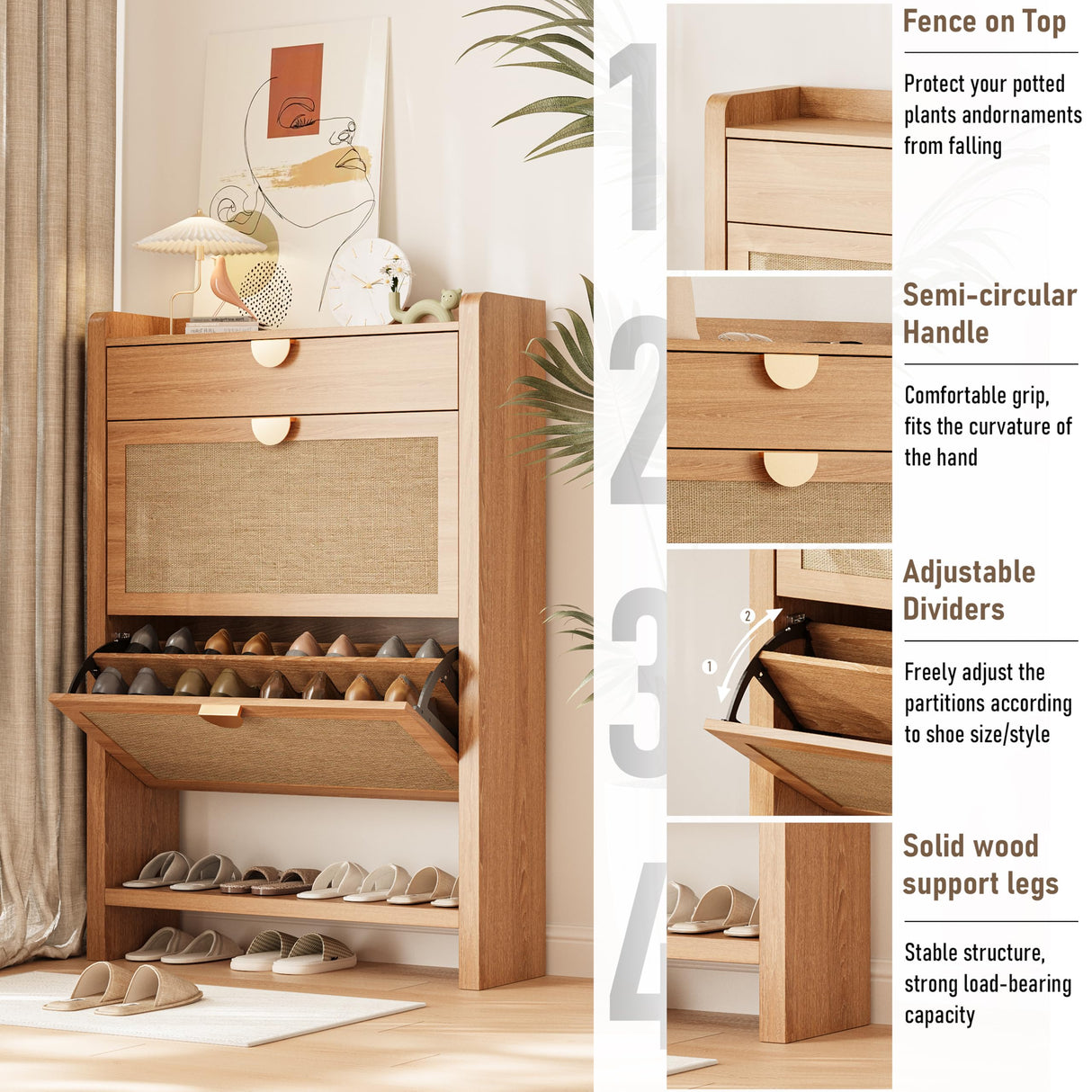 INNOD Rattan Shoe Storage Cabinet, Shoe Organizer with 2 Flip Drawers, Narrow Shoe Cabinet, Free Standing Hidden Shoe Storage, Shoe Rack for Entryway/Hallway/Closet, Natural Oak INNOD