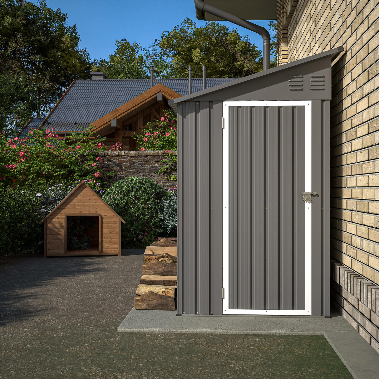 YOPTO 4x8 FT Outdoor Storage Shed,Lean to Metal Shed W/Floor Included,Garden Storage Shed W/Lockable Door,All Weather Waterproof Tool House W/ 2 Air Vents,for Backyard,Patio,Lawn,Garden,Gray YOPTO
