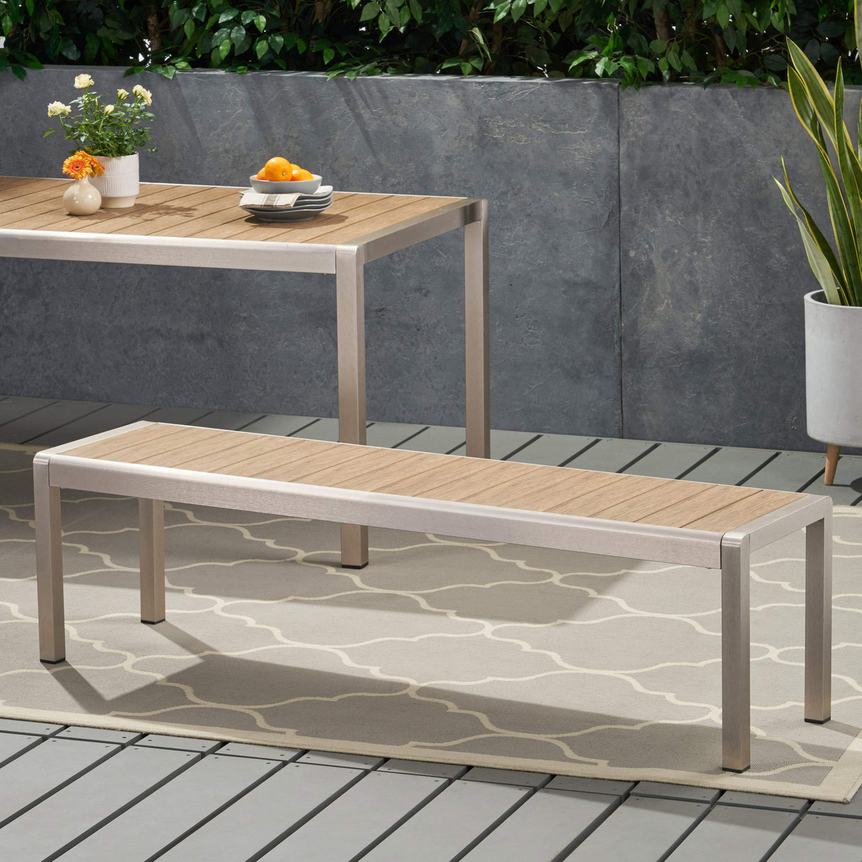 Great Deal Furniture Odelia Outdoor Modern Aluminum Dining Bench with Faux Wood Seat, Natural and Silver GDFStudio