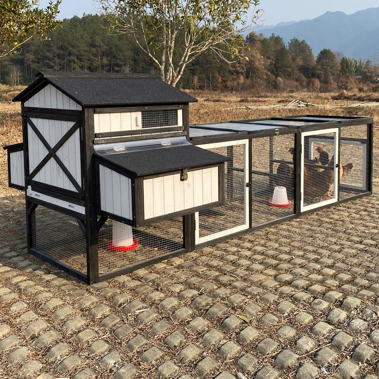 PetsCosset 116" L Large Chicken Coop and Run, Hen House with 4 Nesting Box Boxes, Rabbit Hutch Poultry Bunny Cage for 4-6 Chickens with 4 Perches, Removable Tray and Ramp and UV-Resistant Roof Panel PetsCosset