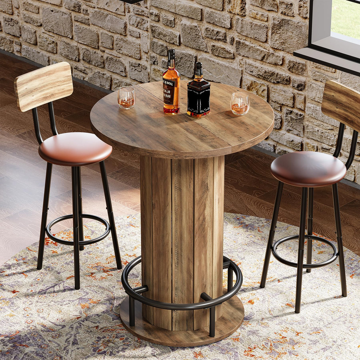 Tribesigns Round Bar Table, 39.4" H Wood Bistro Pub Table with Metal Ring Footrest for Dining Coffee Cocktail Living Room, Small Space, Brown(Only Table) Tribesigns