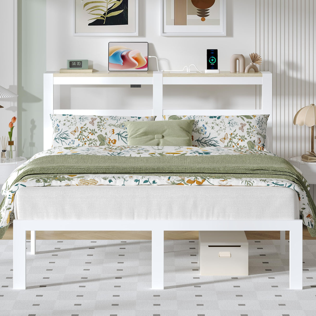 ChicZhiNest Full White Bed Frames with Charging Station and LED Lights, Full Platform Bed with Heavy Duty Metal Slats, Storage Headboard, Under Bed Storage, No Box Spring Needed, Noise Free ChicZhiNest