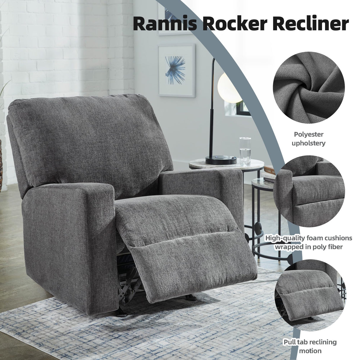 Signature Design by Ashley Rannis Casual Manual Rocker Recliner, Gray Signature Design by Ashley