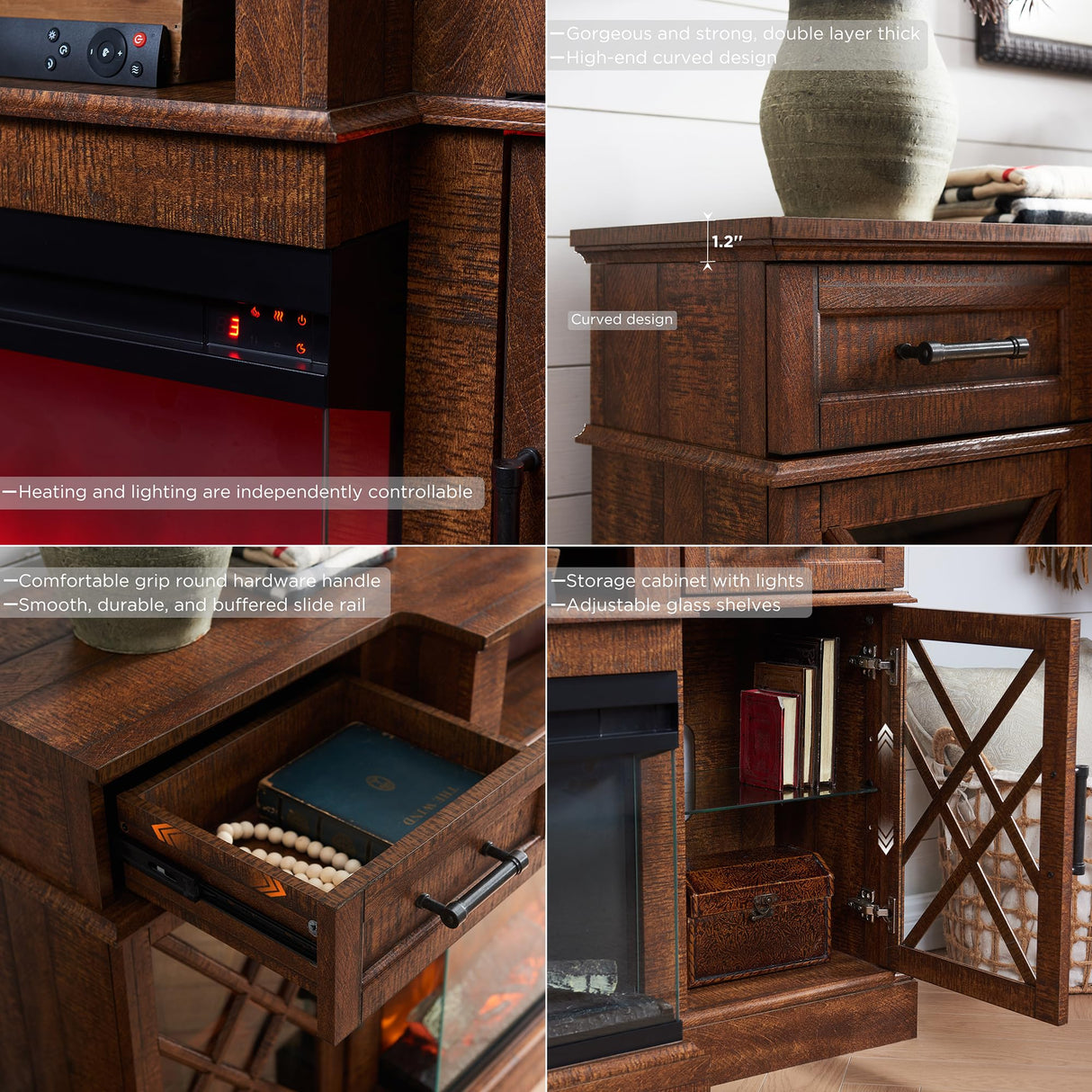 OKD 3-Sided Glass Farmhouse Fireplace TV Stand for TVs up to 80'', Highboy Entertainment Center with Glass Door Storage Cabinet, 70'' Large TV Stands with 36'' Electric Fireplace, Reclaimed Barnwood OKD