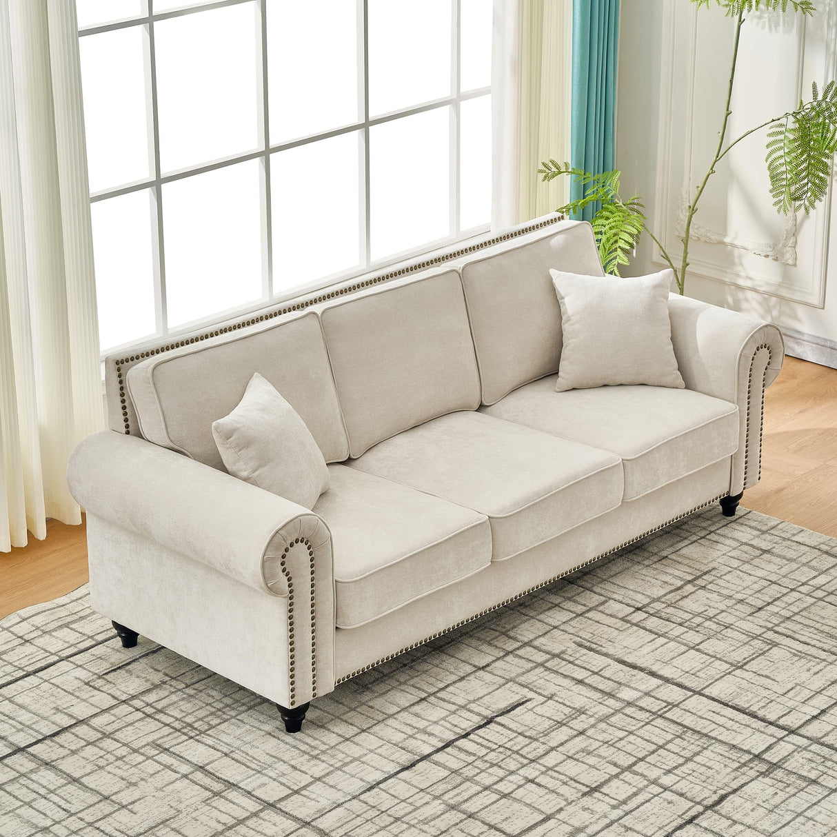 Asucoora 86.5" Classic Chenille Sofa Couch 3-Seater | Chesterfield Style with Traditional Rolled Arms, Nailhead Trim & Solid Wood Frame | Living Room Upholstered Couch | Beige Asucoora