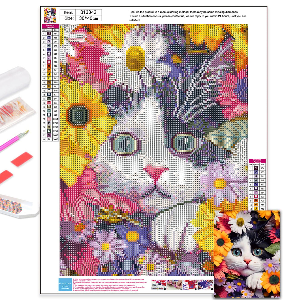 Axquilon Flower Cat Diamond Painting Kits, Full Drill Round DIY Diamond Art Kits, Paint by Diamonds Rhinestone Gem Art Craft for Home Wall Decor 12X16 inch Axquilon