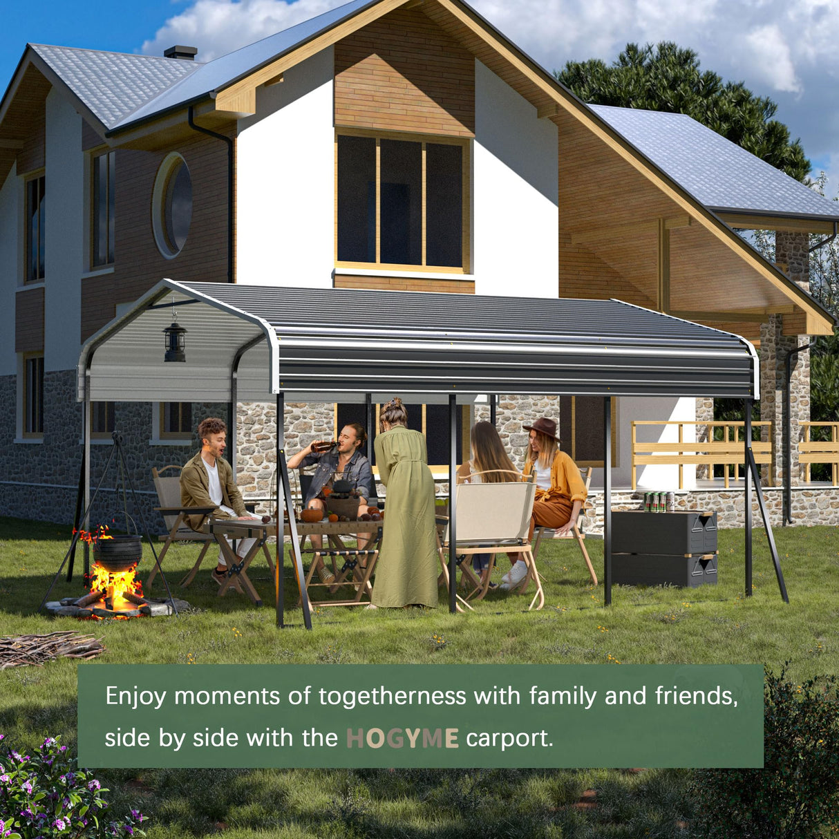 HOGYME 10x15 FT Heavy Duty Carport Canopy with Updated Frame Structure Galvanized Steel Roof and Enhanced Base, Metal Carport Garage for Pickup, Boat, Car and Tractors Grey HOGYME