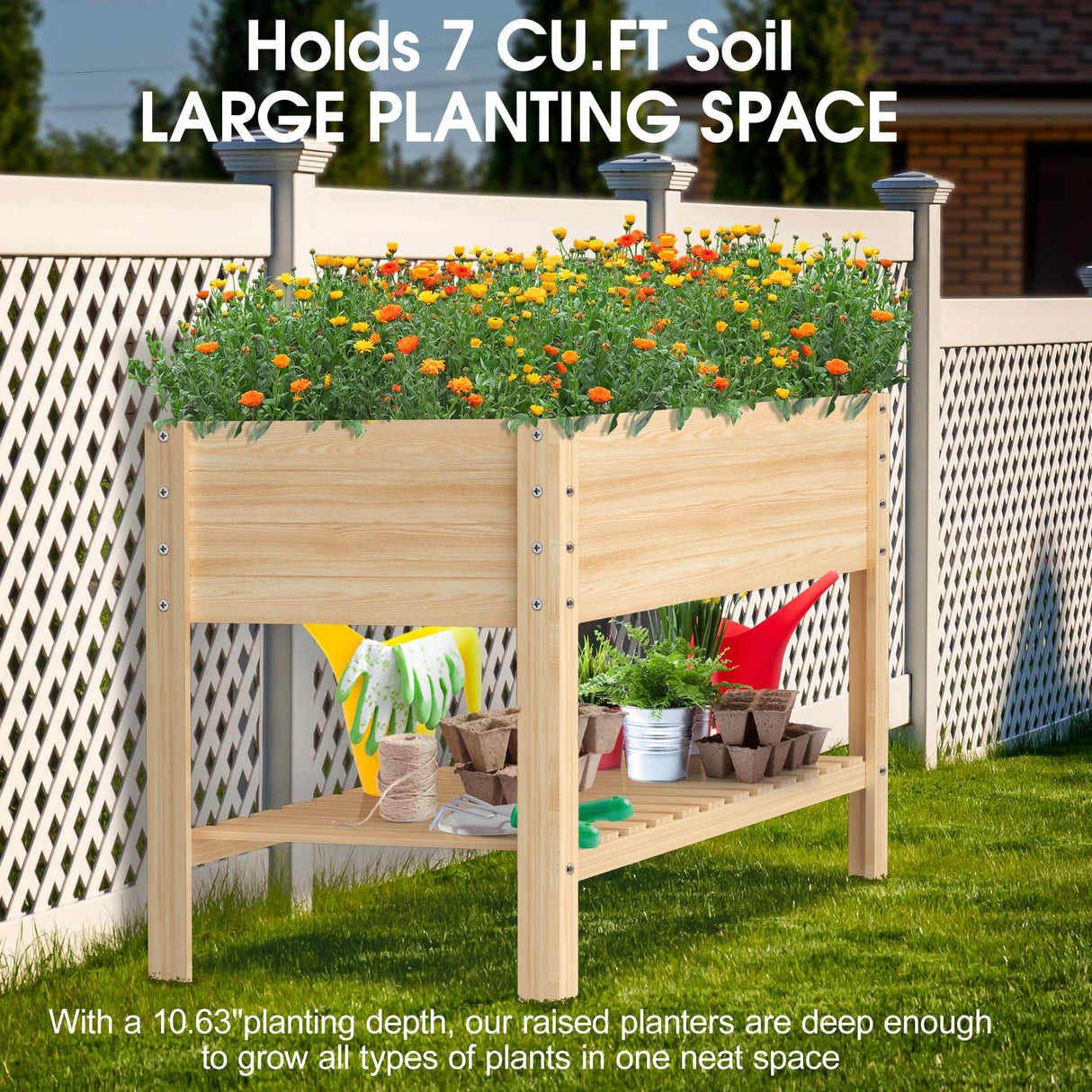 Highpro Wooden Raised Garden Bed with Legs, 48x24x30in Elevated Planter Box Stand Outdoor with Large Storage Shelf and Bed Liner for Backyard, Patio, Natural Cedar Wood Highpro