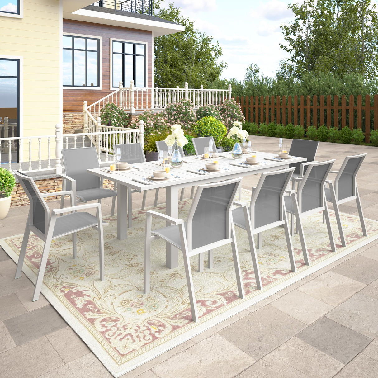 11-Piece Aluminum Outdoor Patio Dining Sets with Fully Assembled Dining Chair,91.3"L×39.4"W Expandable Patio Table and Chairs Set for 10, Stackable Chairs with Quick-Drying Fabric for Outdoor, White Wisteria Lane
