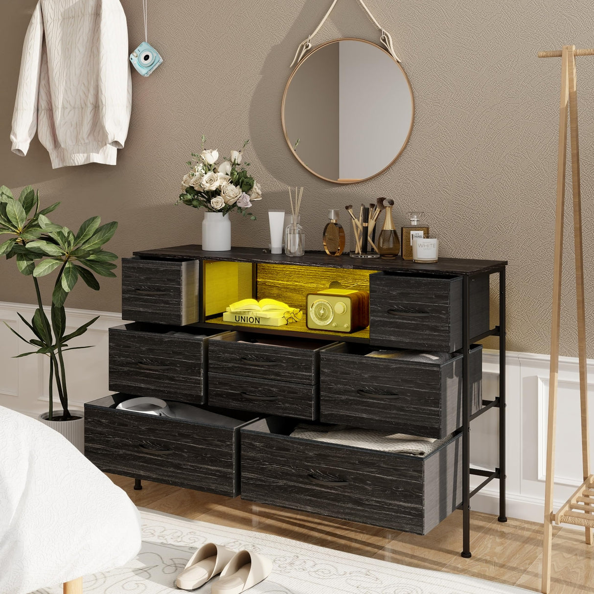Simoretus Wide Dresser with Charging Station and LED Light for Bedroom 8 Fabric Drawers Chest of Drawers with Power Outlet Storage Open Shelf for Living Room TV Stand Closet Hallway (Charcoal Black) Simoretus