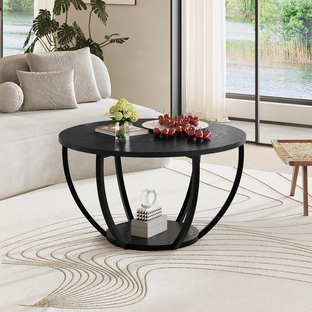 HOMERECOMMEND Round Coffee Table,Wooden 2-Tier Circle Coffee Tables with Storage Shelves,Accent Center Table for Living Room, Sofa Table for Home Office, Black HOMERECOMMEND