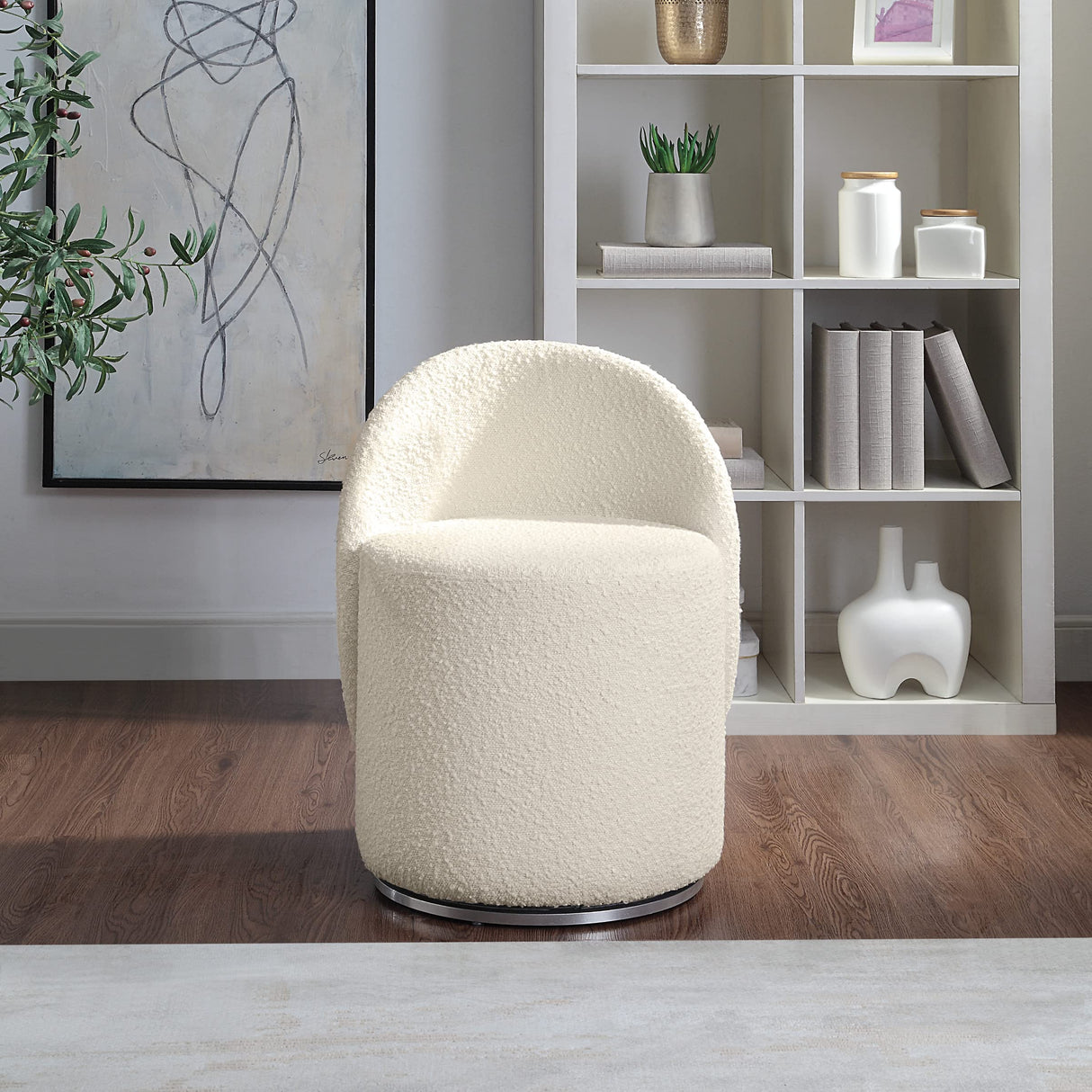 OSP Home Furnishings Lystra Swivel Barrel Vanity Chair with Textured Boucle Fabric, Cream OSP Home Furnishings