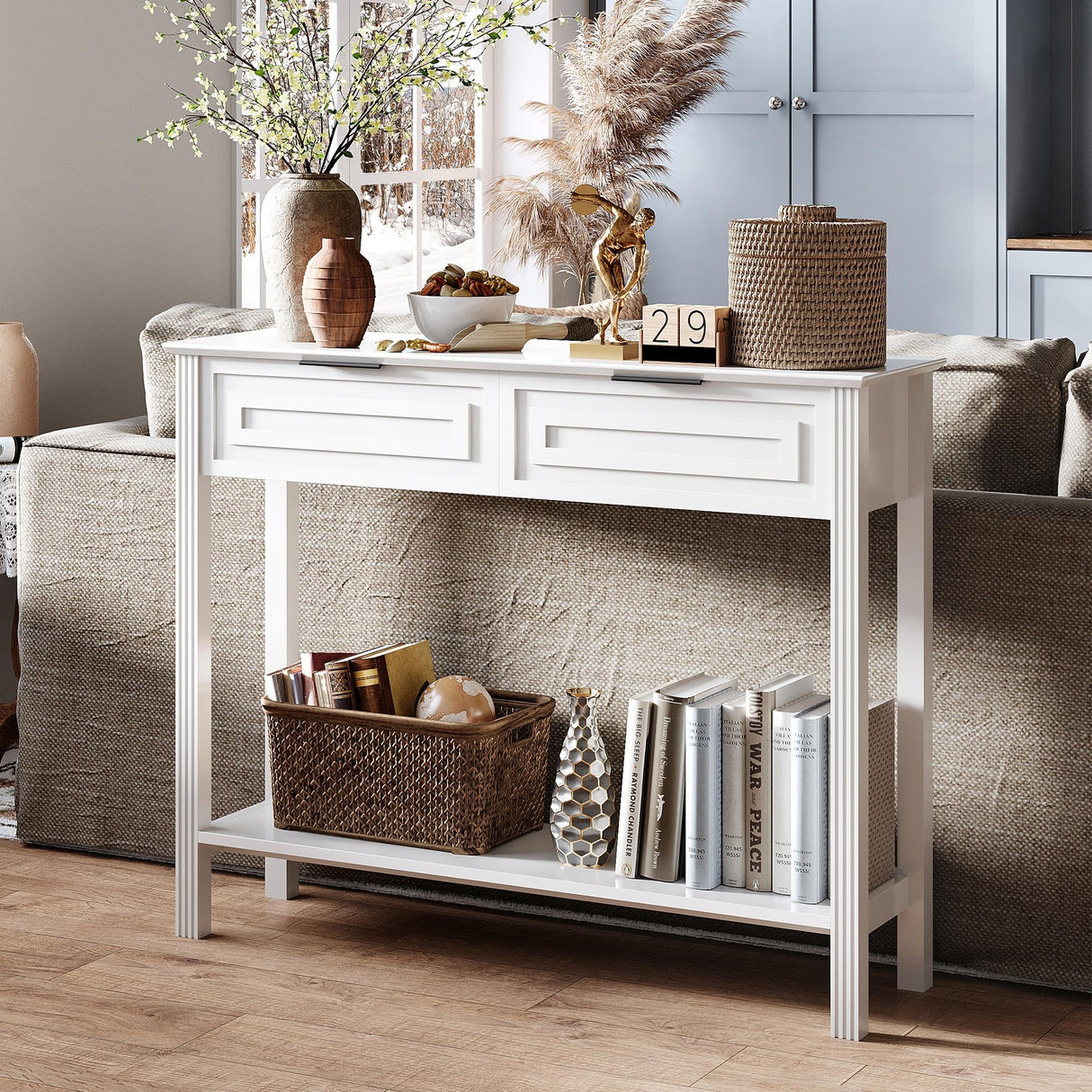 VEELOK Fluted White Console Table with Drawers, Modern Entryway Table with Storage, Sofa Table Behind Couch, Entry Table for Living Room, Hallway, Foyer VEELOK