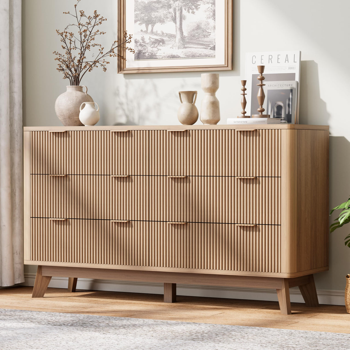 Royal Windsor 6 Drawer Dresser with Fluted Panel, Modern Chest of Drawers for Living Room, Wide Wooden Closet Dresser TV Stand with Ample Storage Space for Bedroom and Hallway, Natural Oak Royal Windsor