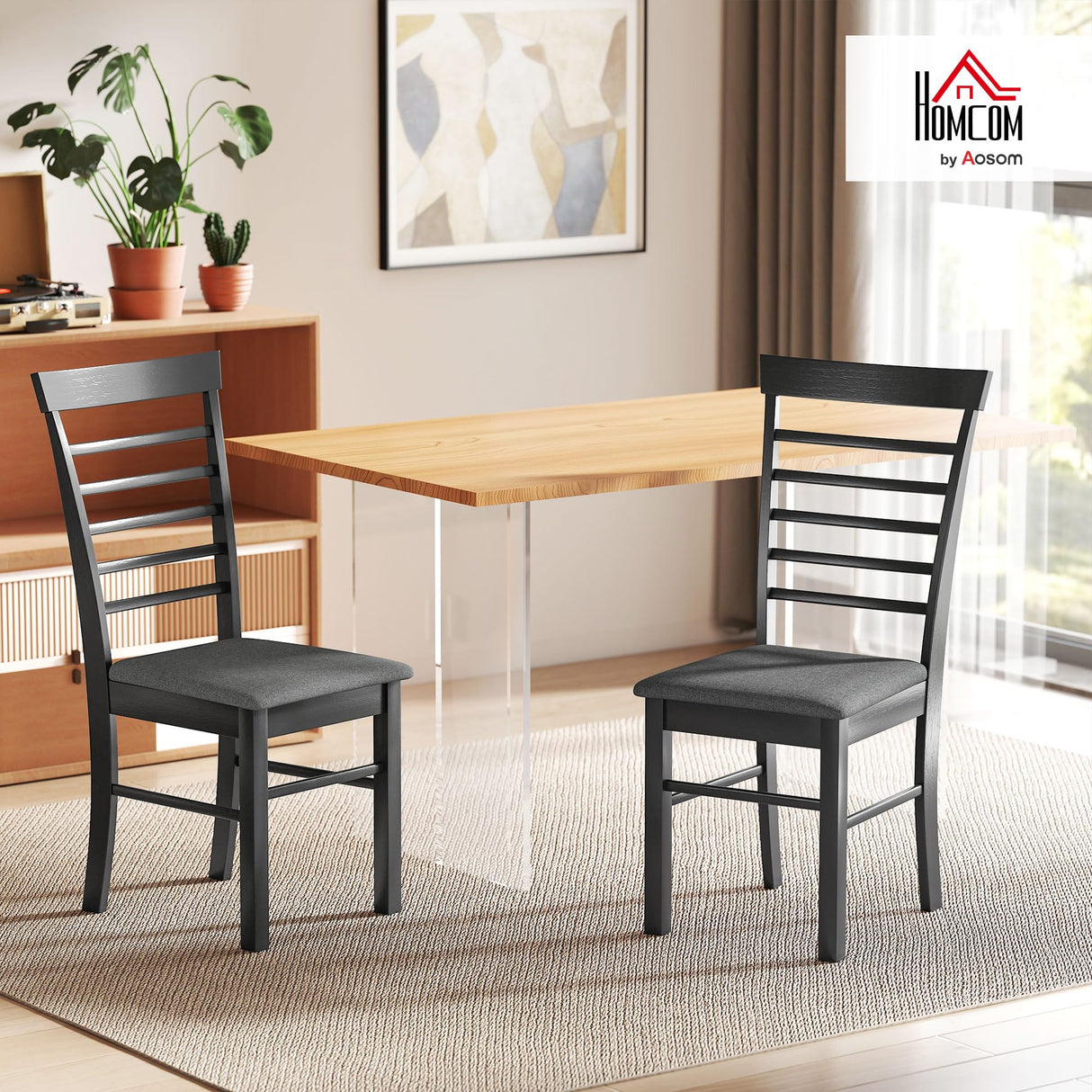 HOMCOM Wooden Dining Chairs Set of 2, Farmhouse Upholstered Kitchen Chairs with Rubber Wood Frame for Living Room, Dining Room, Black and Gray HOMCOM