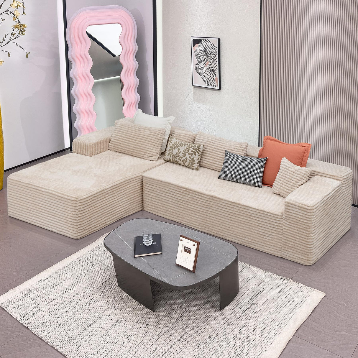 Boneless Modular Sectional Sofa, Cloud Couch with Left Facing Chaise, Oversized Deep Seat, L-Shaped, Soft Corduroy Fabric, Sectional Couch for Living Room -Beige NMXUXMN