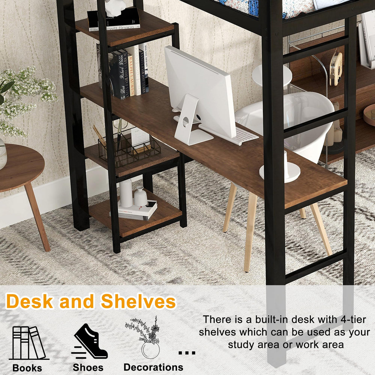 Bellemave Black Metal Loft Bed with Desk and Storage Shelves for Kids and Teens Bellemave