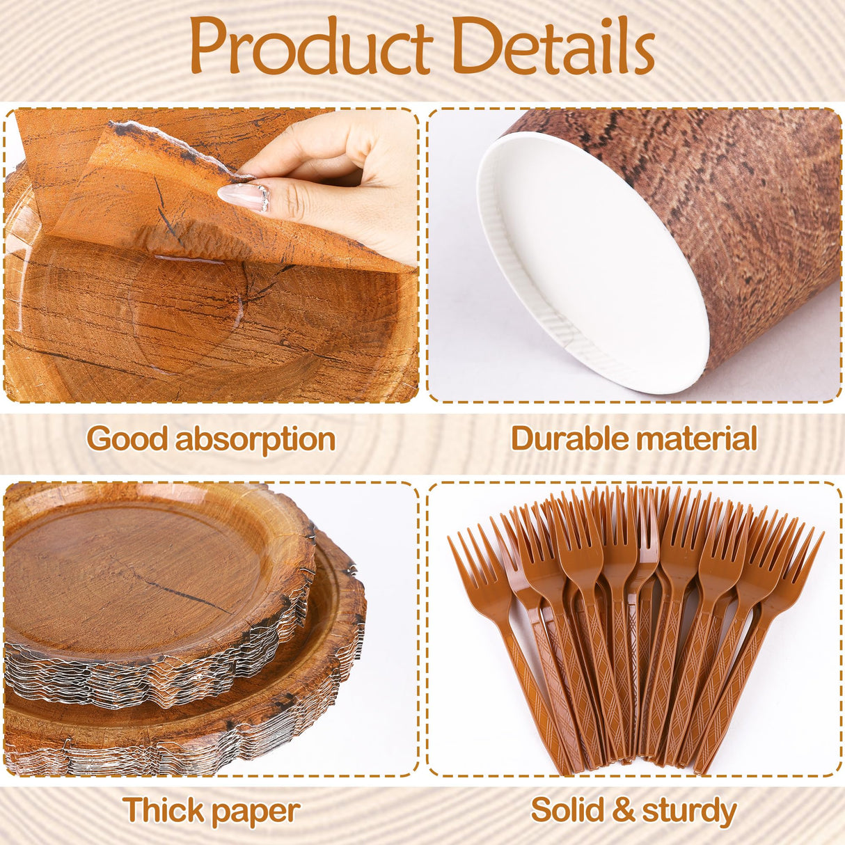 Kochorie 144 Pieces Camping Wood Grain Slice Tableware Sets Rustic Wood Party Decorations Paper Plates Napkins Cups Forks Serves 24 for Forest Themed Party Decorations Hunting Birthday Supplies Kochorie