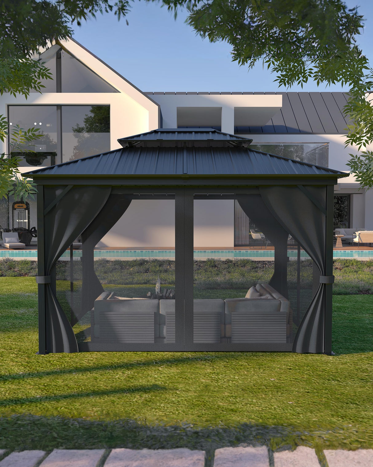 KYBOLT 12x14 Ft Hardtop Gazebos with Heavy Duty Double Roof, Nettings and Curtains Galvanized Steel Outdoor Gazebos for Patio, Backyard, Deck, Lawn (Grey) KYBOLT