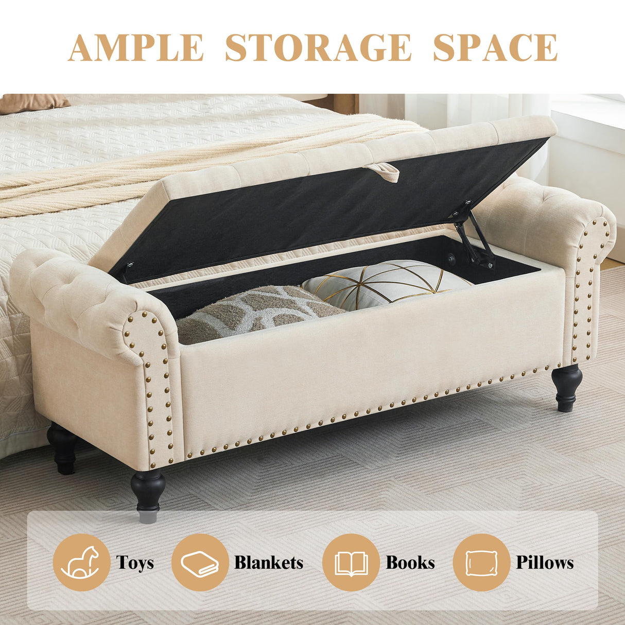 Howjoe 51" Bedroom Storage Bench, End of Bed Bench with Storage, Chenille Upholstered Benches, Ottoman with Storage, Window Benches with Rolled Arm and Nailhead Trim for Living Room, Entryway, Beige Howjoe