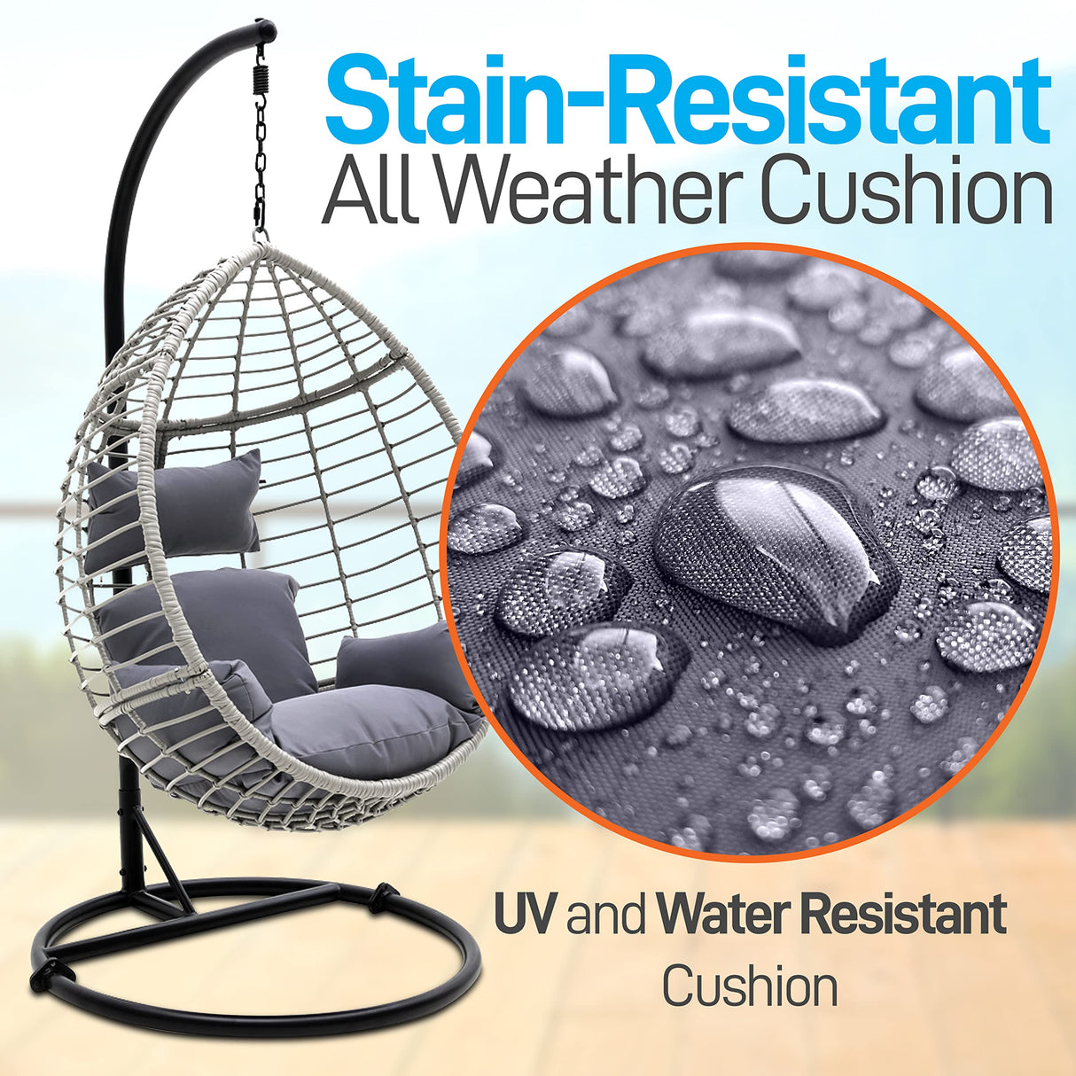 SereneLife Hanging Egg Chair with Stand - Indoor Outdoor Patio Wicker Rattan Lounge Chair with Stand, Steel Frame, UV Resistant Washable Cushions for Garden Backyard Deck Sunroom SLGZ0EGG (Gray) SereneLife