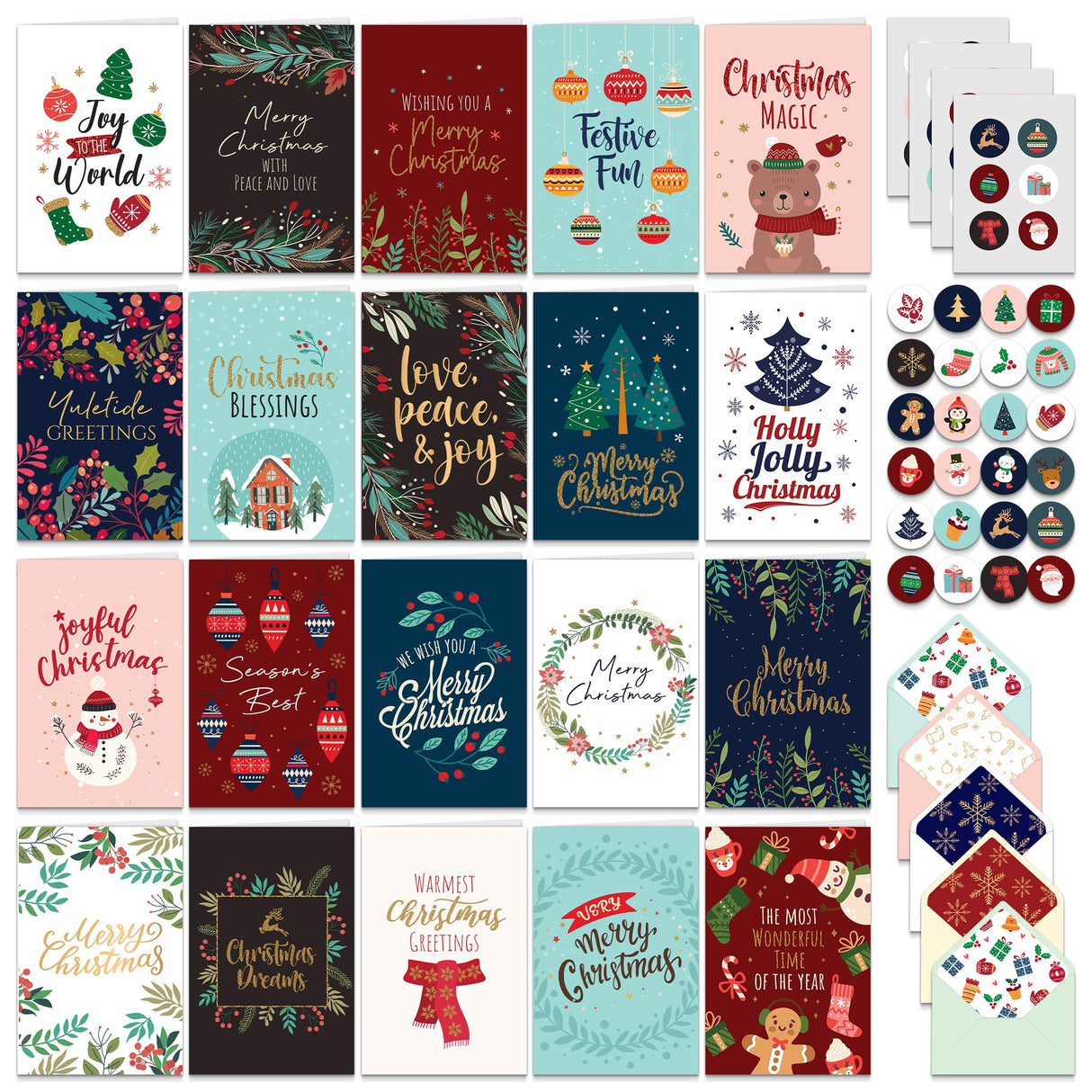 Decorably 100 Pack Foiled and Glittery Assorted 6x4in Christmas Cards Bulk with Envelopes and Stickers, 20 Adorable Designs Christmas Cards 100 Pack With Printed Message Inside Decorably