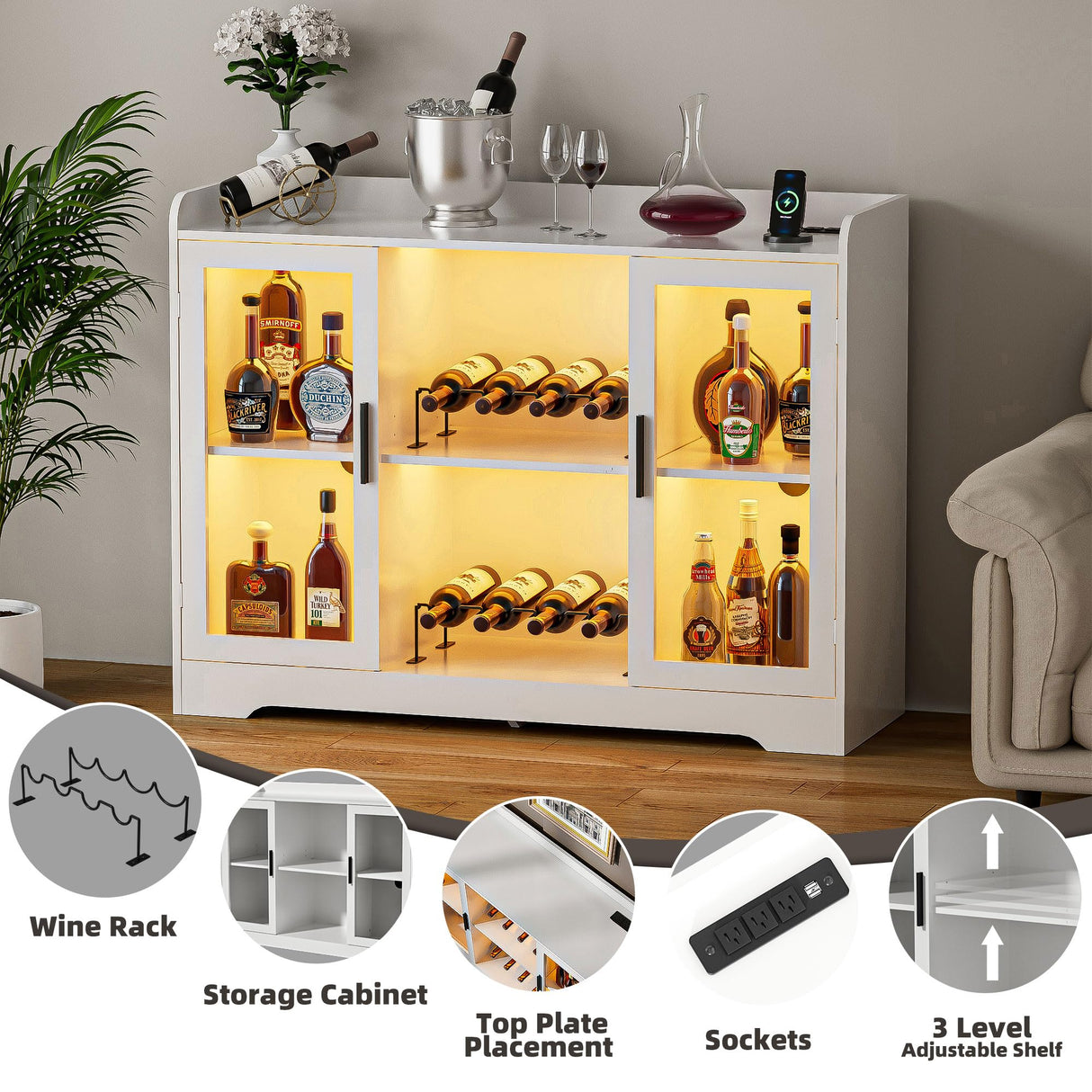 Ludatido Wine Bar Cabinet for Home, Liquor Cabinet with LED Lights, Power Outlet, Storage, Glass Door for Living Room, Dining Room, Home Bar - White Ludatido