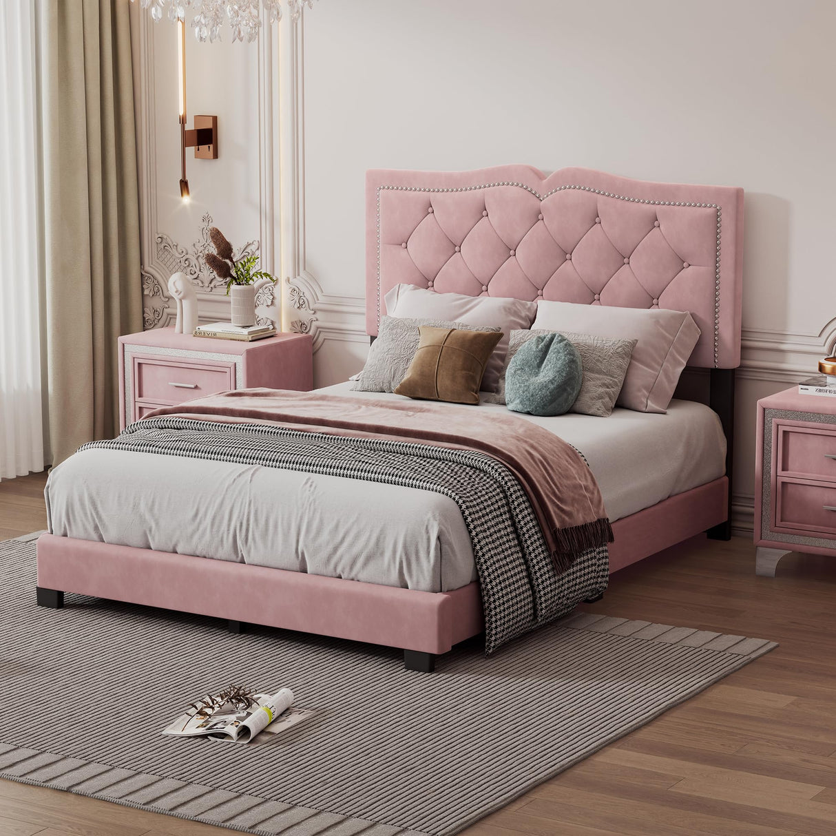 Merax Upholstered Platform Bed, Full Size Velvet Fabric Wooden Bed Frame with Rivet Design & Tufted Headboard for Bedroom, Wood Slat Support, No Box Spring Needed, Easy Assembly (Pink) Merax