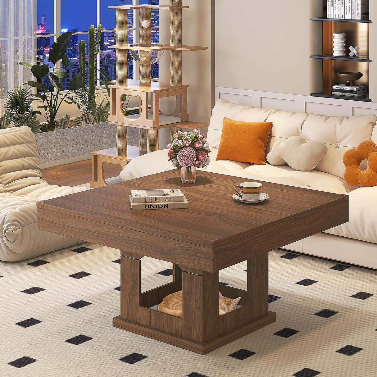 knoworld Square Coffee Table, Wooden Coffee Table with Storage and Cat House, Rustic Brown Cocktail Table for Living Room, Farmhouse Large Center Table knoworld