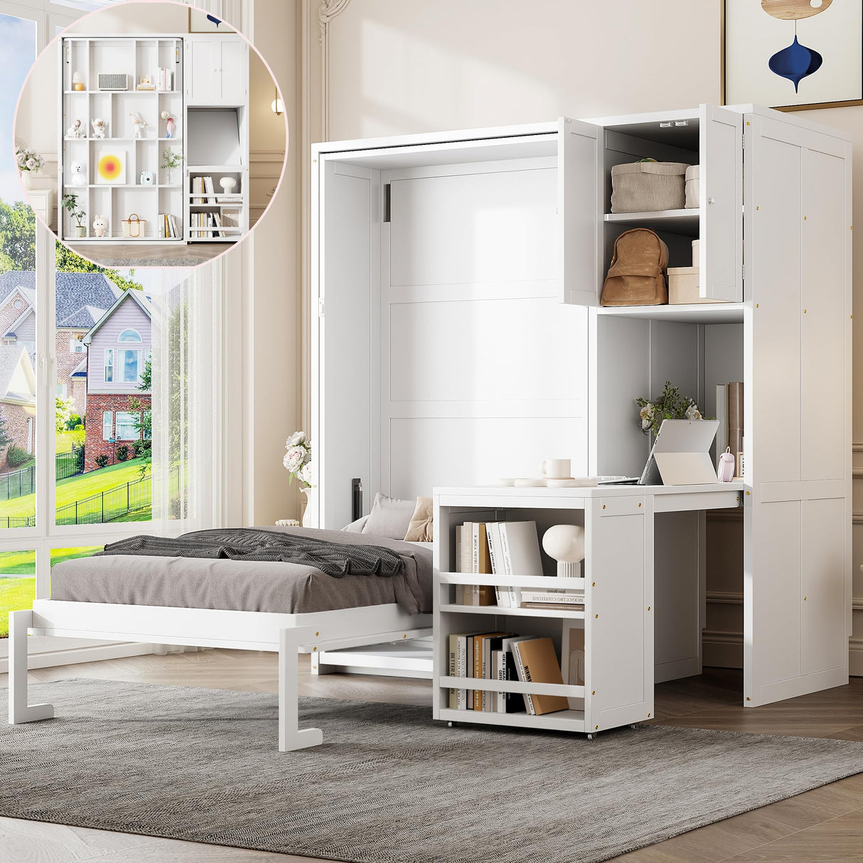 Merax Twin Size Rotating Wall Murphy Beds, Wood Folding Murphy Wall Bed with Bookshelf, Top Cabinet, Extendable Desk & Side Storage, White Merax