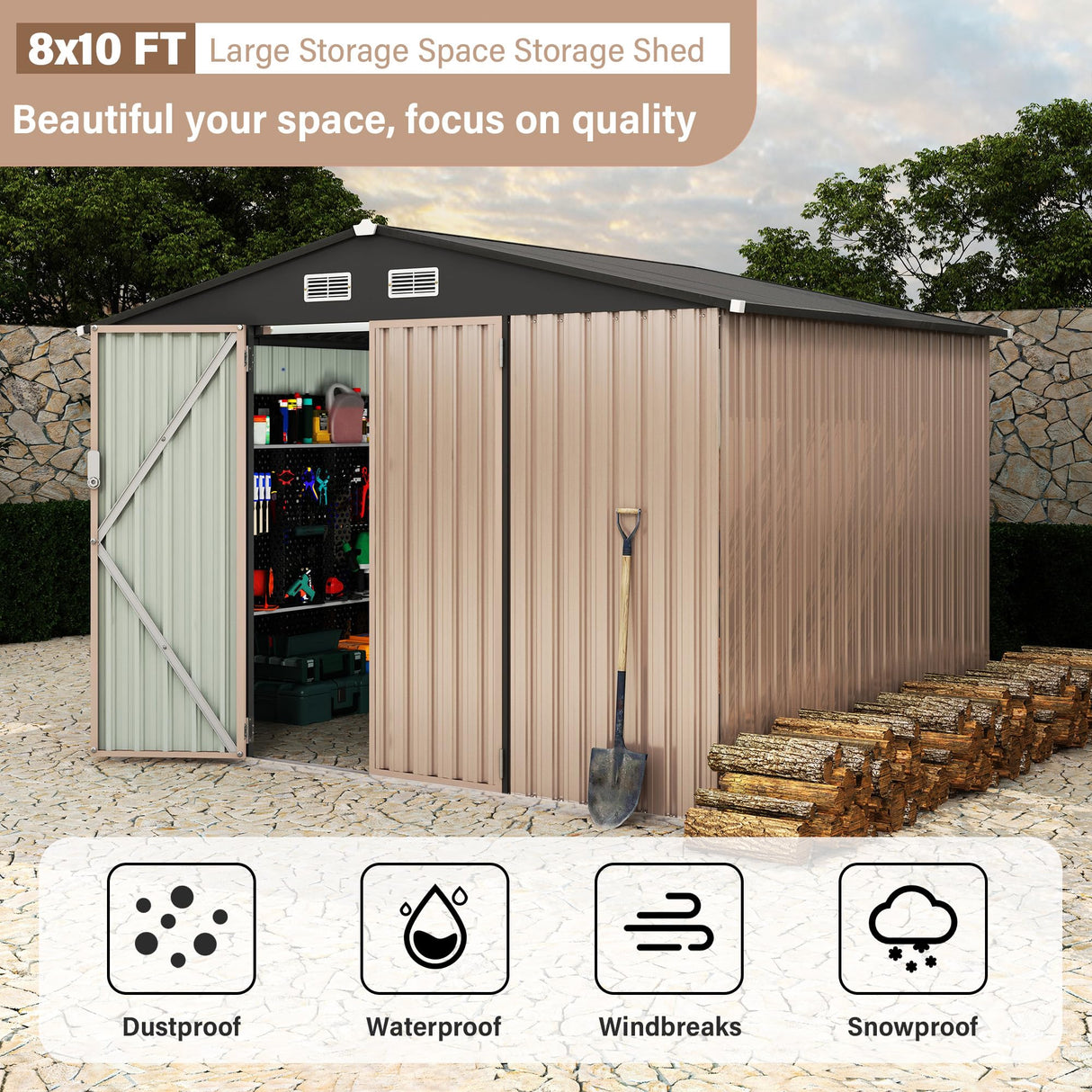 8x10 FT Metal Storage Sheds Outdoor, Metal Yard Sheds Garden Shed Kit, Tool Shed with Lockable Door, Utility Sheds Buildings with Air Vent for Backyard Garden Patio Lawn Reljofum
