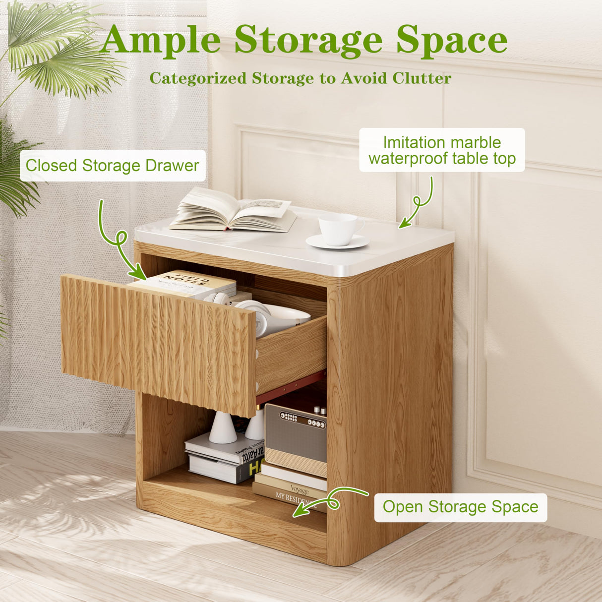 Yusong Night Stand, Wood Fluted Nightstand, 22" Large Bedside Table End Table with Faux Marble Top, Modern Night Stands with Drawer Storage for Bedroom Living Room, Natural Oak (1) Yusong