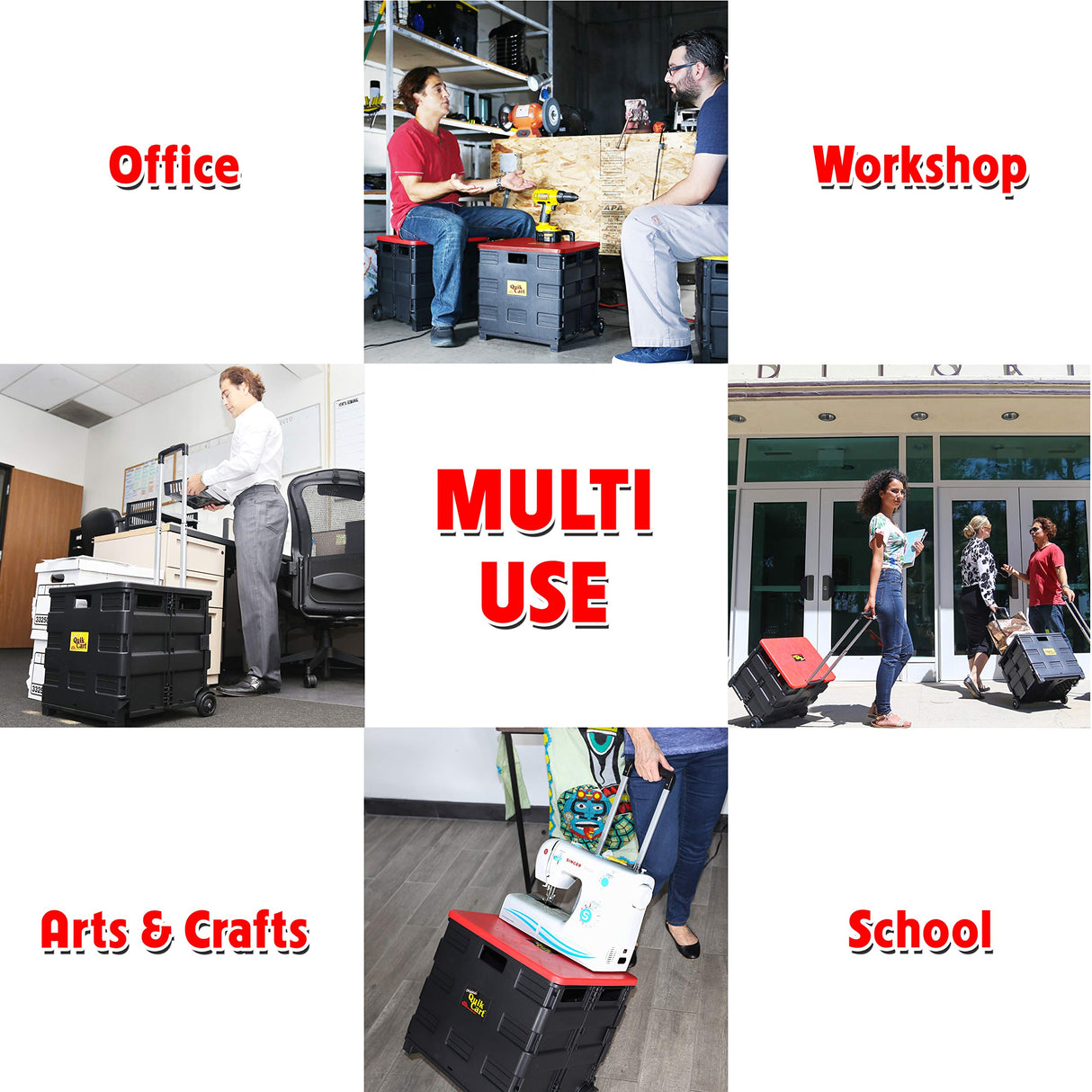 dbest products Quik Cart Collapsible Rolling Crate on Wheels for Teachers Tote Basket 80 lbs Capacity, Made from Heavy Duty Plastic and used as a Seat, Standard, Red dbest products