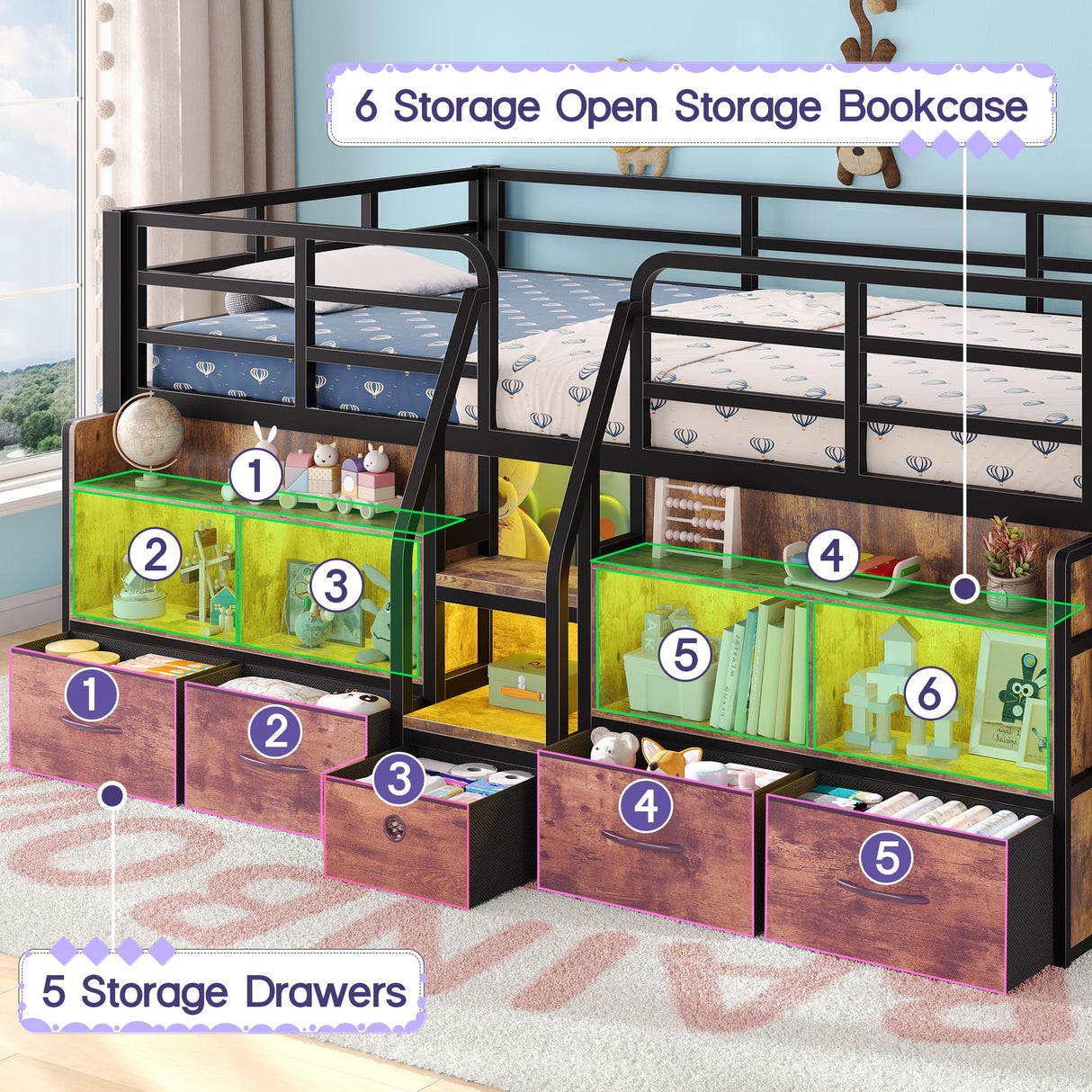 busyaeh Twin Loft Bed for Kids with 5 Drawers & 6 Bookcase and LED Light,Low Loft Bed with 15.8" H Safety Guardrail and Charging Station,Metal Kids Loft Beds with Under-Bed Play Space,Vintage Brown busyaeh