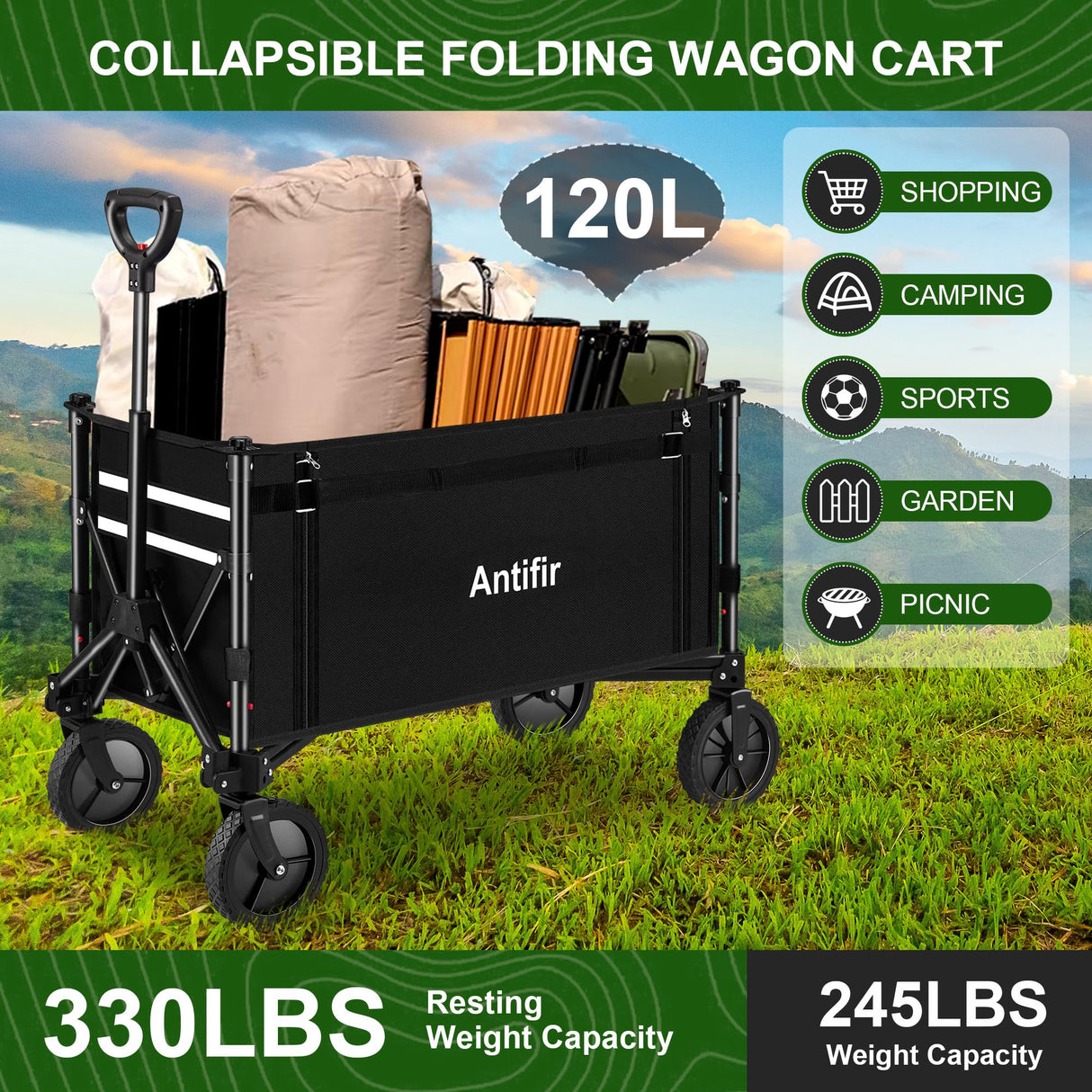 Antifir Collapsible Wagon with Large Capacity, Utility Wagons Carts Heavy Duty Foldable, Portable Folding Wagon with All-Terrain Wheels for Grocery Gardening Sports Shopping Fishing (Black) Antifir