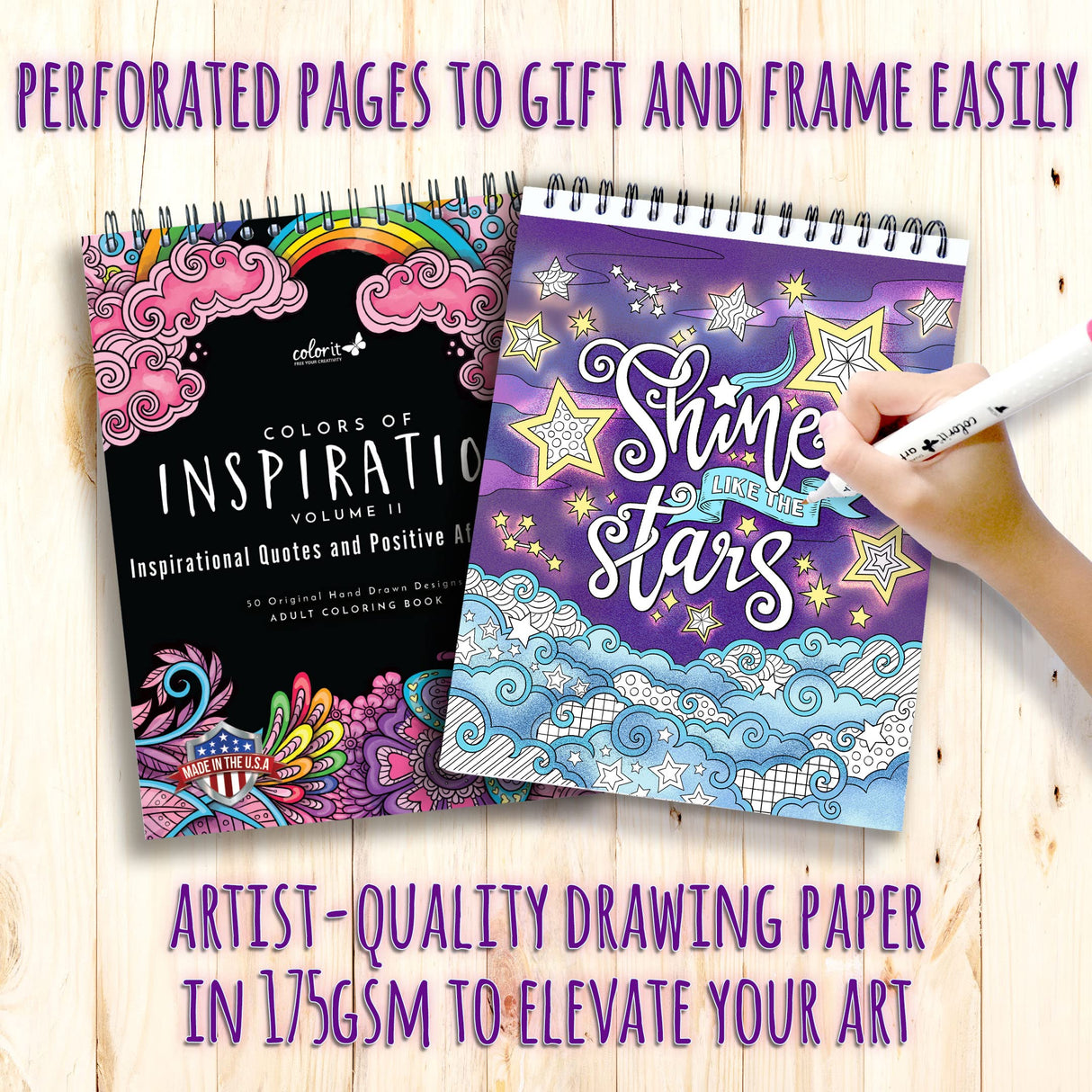 ColorIt Colors of Inspiration, Volume II - Inspirational Quotes and Positive Affirmations Adult Coloring Book, 50 Original Designs, Spiral Binding, Lay Flat Hardback Book Cover, Ink Blotter