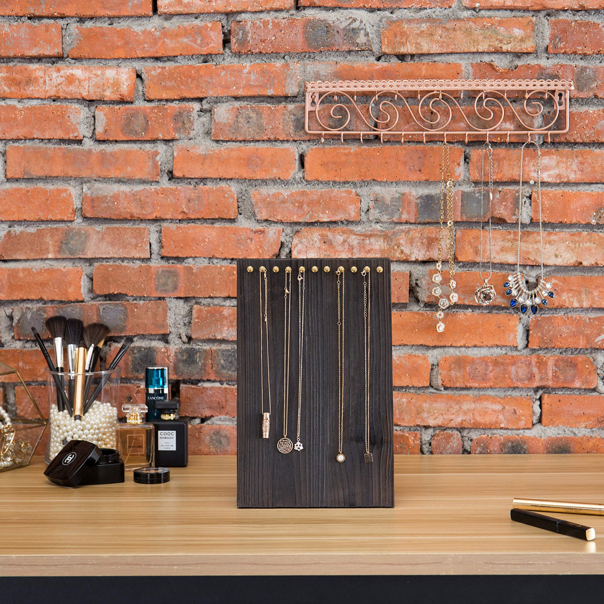 MyGift 12-Inch Rustic Brown Solid Wood Multiple Necklace Holder Stand, Freestanding Jewelry Stand Chain Organizer Display Rack with 11 Brass-Tone Peg Hooks MyGift