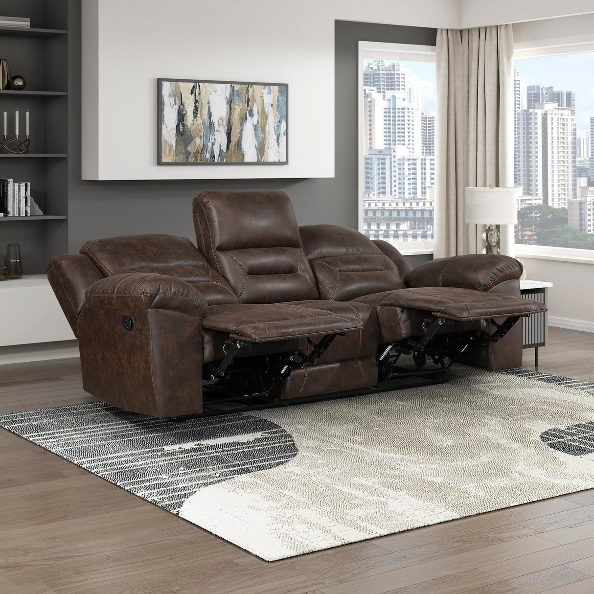 Lexicon Double Recliner Sofa for Living Room, Wall Hugger Manual Reclining Couch Sofa, Textured Microfiber Upholstered Dual Reclining Sofa, Home Theater Seating, Required Assembly, Dark Brown Lexicon