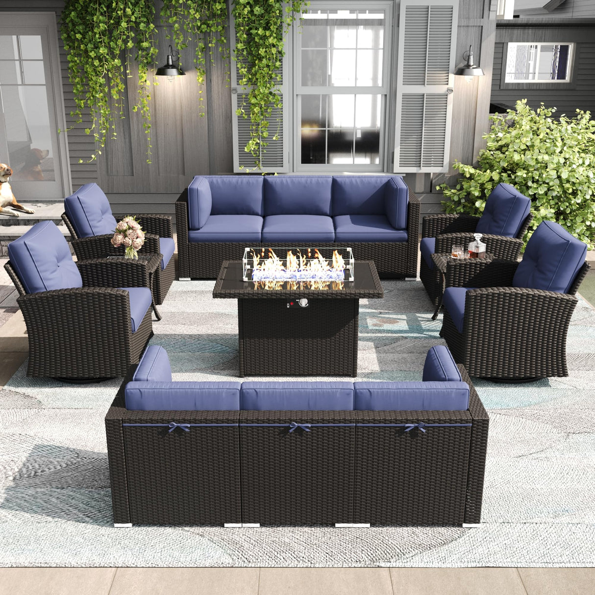 LayinSun 13 Pieces Patio Furniture Set with Fire Pit Table, Black Rattan Modular Sectional Outdoor Conversation Sofa Set, Swivel Rocking Chairs Set LayinSun