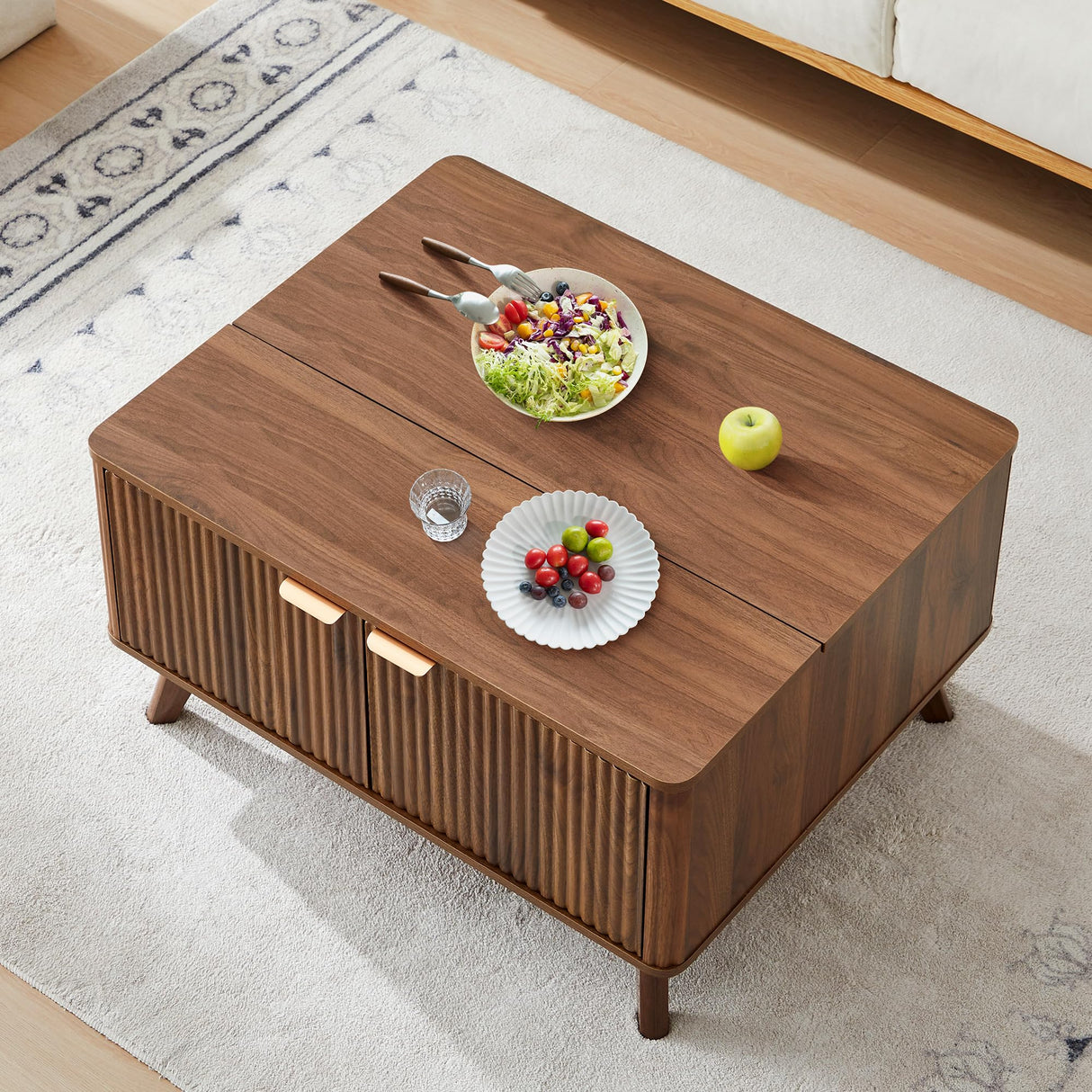 Fluted Lift Top Coffee Table with Large Hidden Compartment, 31.5” Wooden Center Table with Storage, Mid Century Modern Lift Tabletop Coffee Tables for Living Room Home Office, Walnut XUZENEST