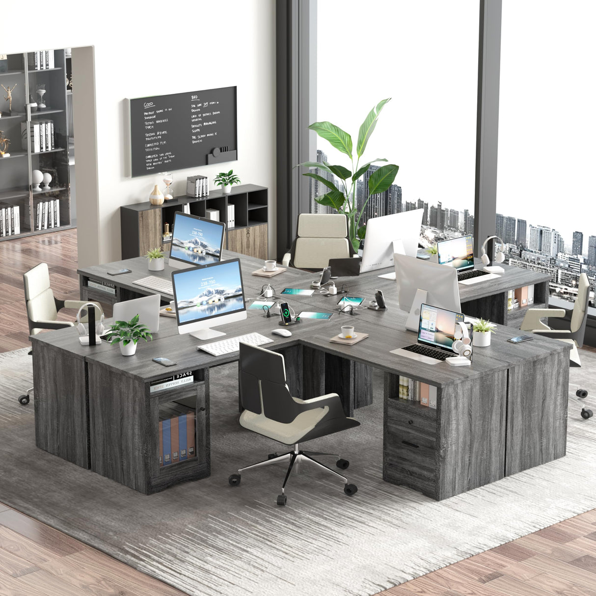 MU L Shaped Desk with File Drawer, 60 Inch Corner Desk with Storage Drawers & Cabinet, Large Home Office Desk with Power Outlets, Wood Executive Office Desk, Grey MU