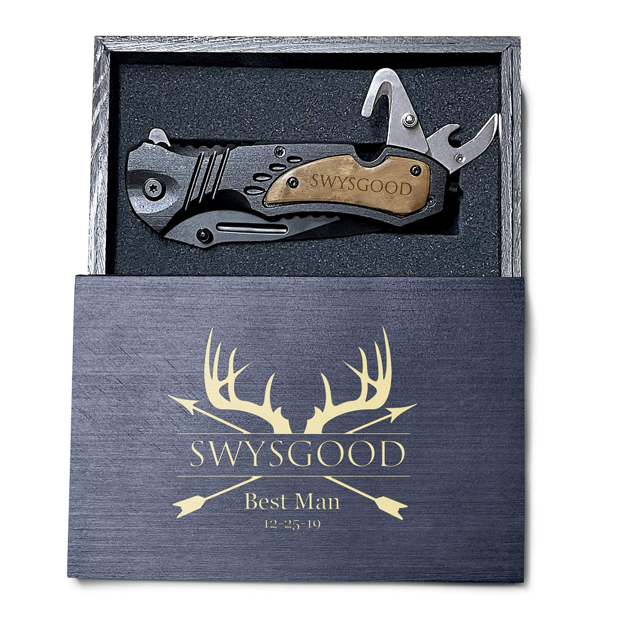 Krezy Case Deer Antlers Design Engraved Pocket Knife, 4.5" Folding Pocket Knife For Men with wooden black box, Laser Engraved Pocket Knife For Men, Hunting Knife Krezy Case
