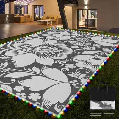 RV Outdoor Rug with Lights 5x8ft, Outdoor Camping Rug, Waterproof, Easy Cleaning, Non Shedding, Foldable and Portable, Reversible Mats for RV, Deck, Beach, Camping, Patio, Picnic (Grey & White)