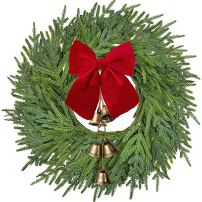 22 inch Norfolk Pine Wreath with Bow and Bell,Christmas Wreaths for Front Door,Artificial Real Touch Wreath for Door Wall Windows Mantle Outdoor Christmas Decoration