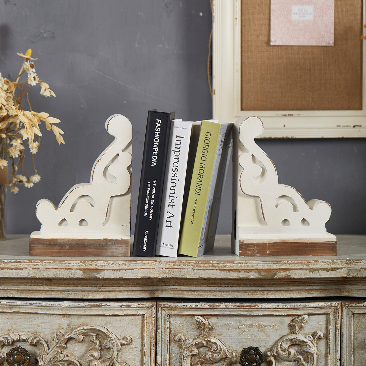 SOFE Corbels for Shelves Countertops, White Wood Bookends Decorative, 1 Pair Farmhouse Book Ends, Sturdy Bookends for Heavy Books, Book Holder Stopper for Home Office Kitchen SOFE