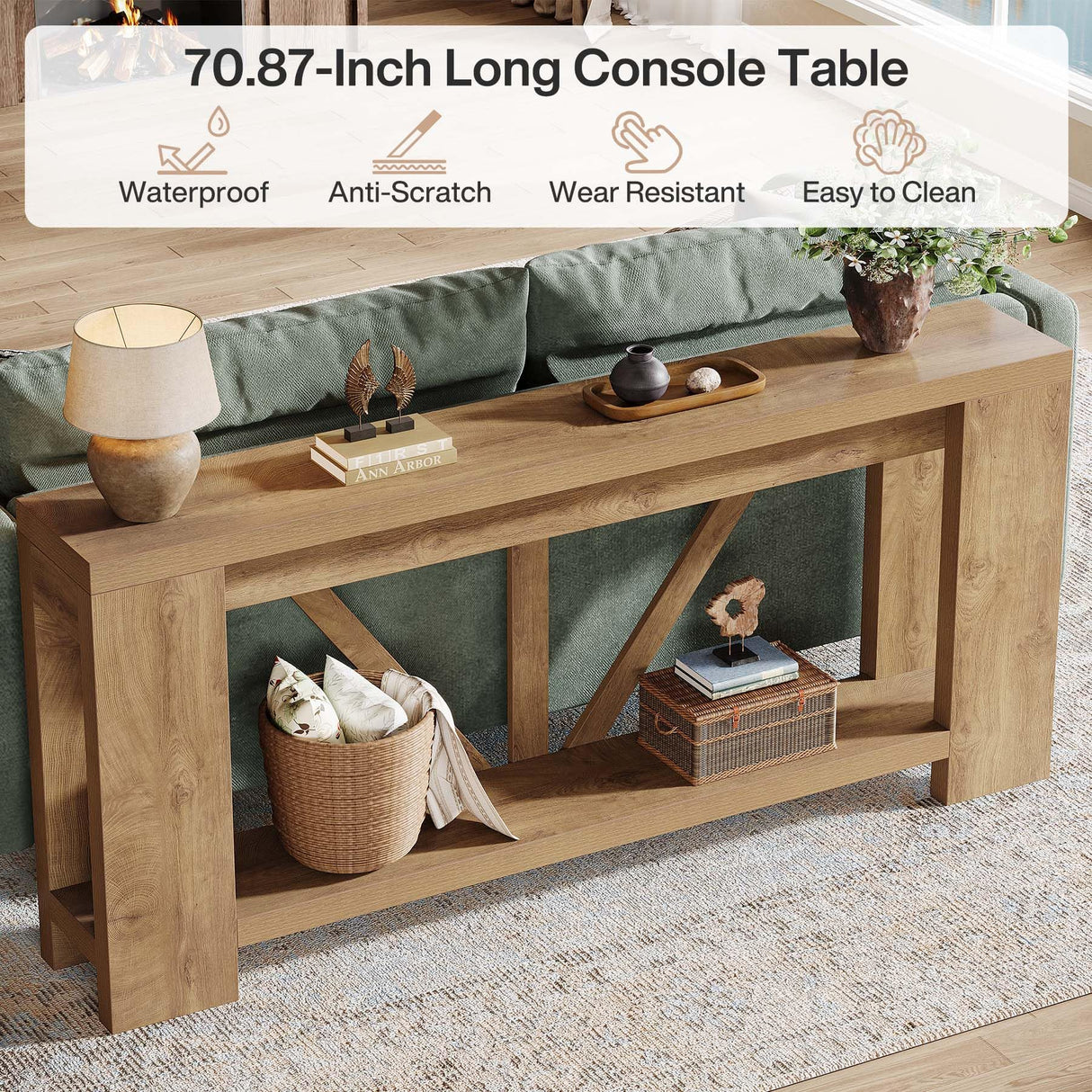 Tribesigns 70.9" Extra Long Entry Table, Farmhouse Wood Console Table with Storage, Modern Accent Sofa Table Behind Couch Foyer Tables for Entryway, Living Room, Entrance, Light Brown Tribesigns