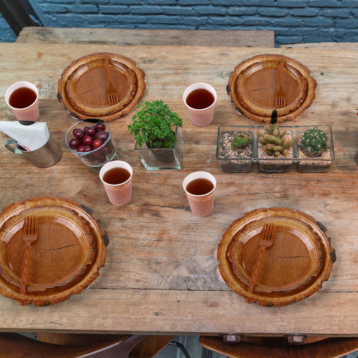 Kochorie 144 Pieces Camping Wood Grain Slice Tableware Sets Rustic Wood Party Decorations Paper Plates Napkins Cups Forks Serves 24 for Forest Themed Party Decorations Hunting Birthday Supplies Kochorie
